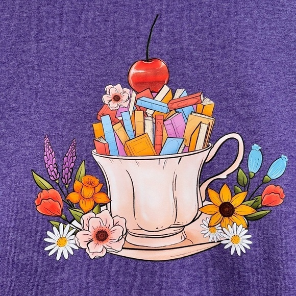 Book shirt tea cup gift small NeW purple short sleeve cotton - Picture 1 of 2